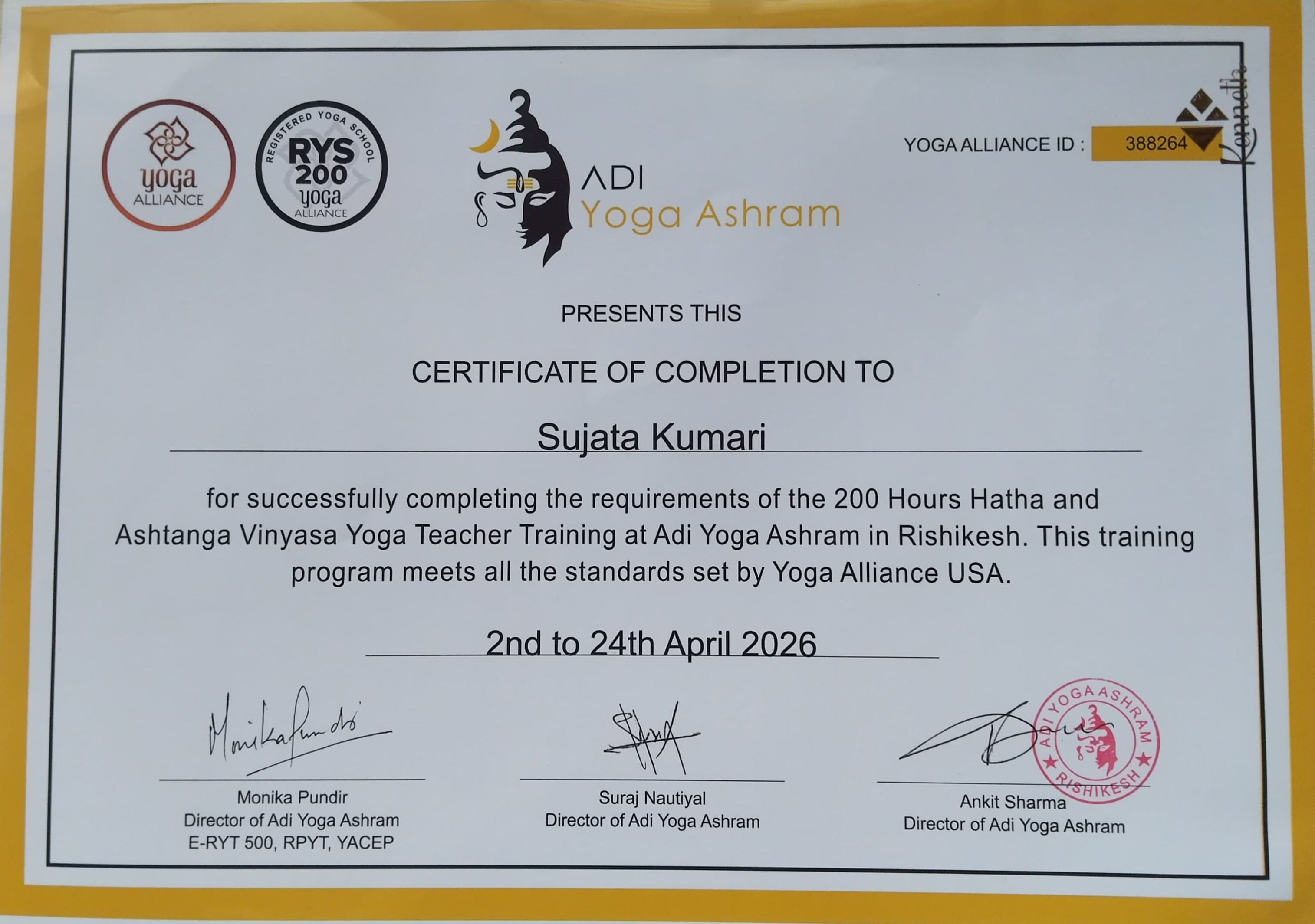 Sujata 200-Hour Yoga Alliance Teacher Training Certificate